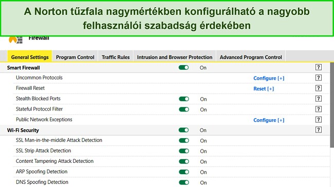 Képernyőkép a Norton tűzfal beállításairól, amely magas szintű testreszabhatóságot mutat.