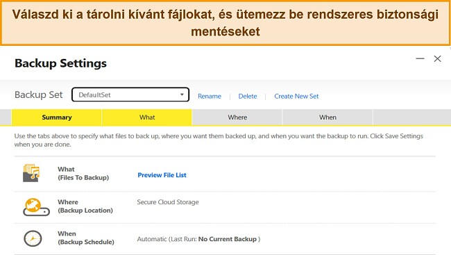 Képernyőkép a Norton biztonsági mentési beállításairól a Windows rendszeren.