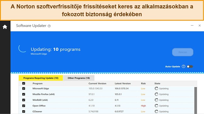 Képernyőkép a Norton szoftverfrissítőjéről, amely 10 programot frissít az alkalmazások sebezhetősége elleni védelem érdekében.