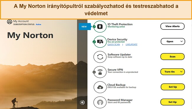 Képernyőkép a My Norton irányítópult felületéről Windows rendszeren.