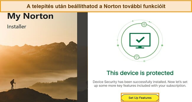 Képernyőkép a Norton felületéről a telepítés befejezése után, kiemelve a „Funkciók beállítása” gombot.