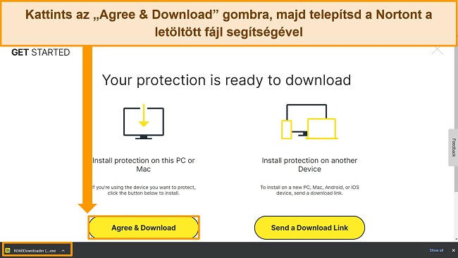 Képernyőkép az Agree & Download Norton weboldalról, kiemelve a telepítőfájlt.