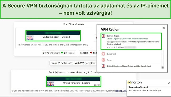 Képernyőkép a Norton Secure VPN-jéről, amely egy egyesült királyságbeli kiszolgálóhoz csatlakozik, az IP-szivárgásteszt eredményei szerint adatszivárgás nem történt.