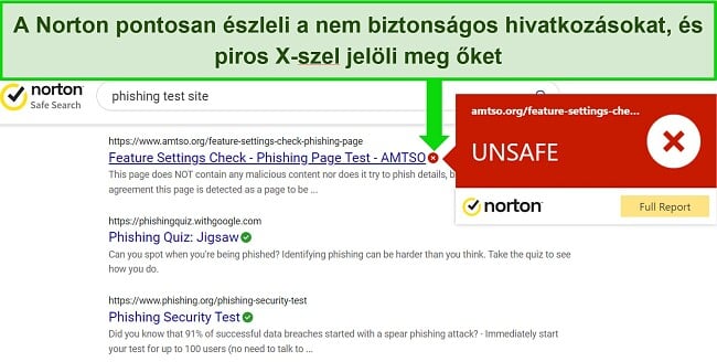 Képernyőkép a Norton Safe Search böngészőbővítményéről, amely pontosan észleli a biztonságos és nem biztonságos URL-eket