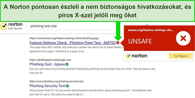 Képernyőkép a Norton Safe Search böngészőbővítményéről, amely pontosan észleli a biztonságos és nem biztonságos URL-eket