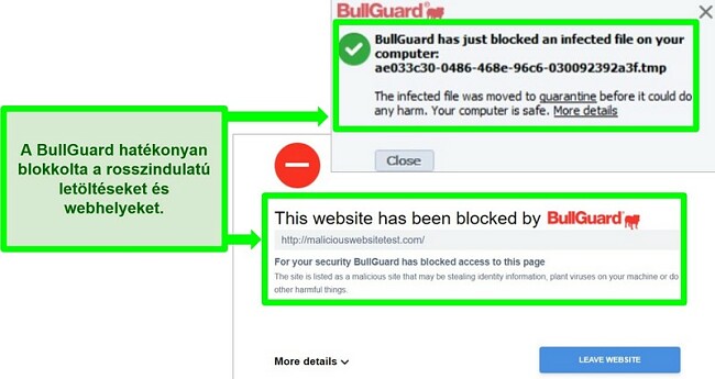Pillanatkép a BullGuard webhelyéről és letöltési blokkok.