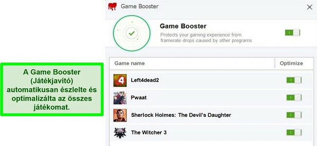 A BullGuard Game Booster funkciójának képernyőképe az automatikusan optimalizált játékok listájával
