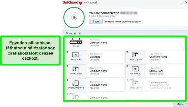 Pillanatkép a BullGuard hálózati szkenneréről és a hálózathoz aktívan csatlakozó eszközökről.