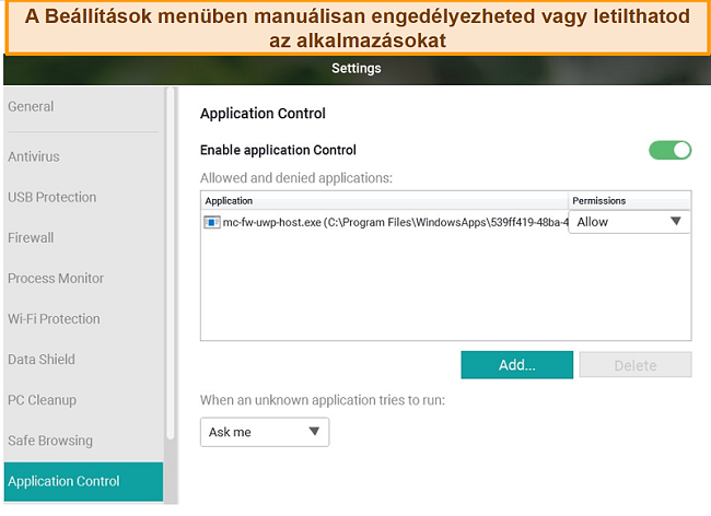 Képernyőkép a Panda Application Control konfigurációs menüjéből