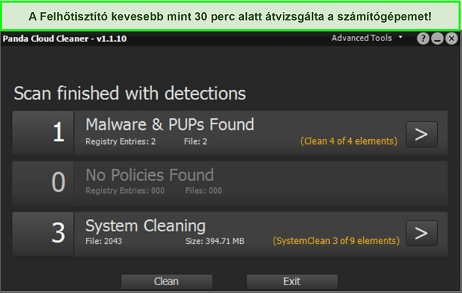 Pillanatkép a Panda Cloud Cleaner szolgáltatásáról, befejezett vizsgálatsal