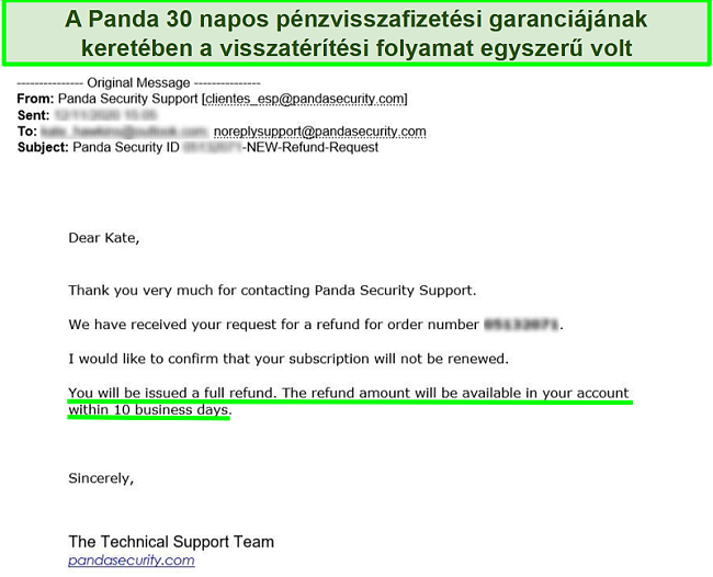 A Panda víruskereső által jóváhagyott teljes visszatérítést tartalmazó e-mail a 30 napos pénz-visszafizetési garanciával