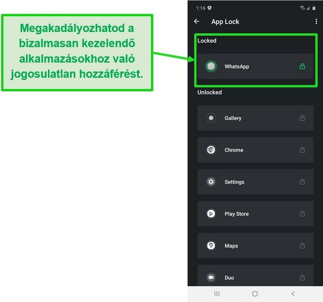 Az App Lock funkciót bemutató képernyőkép a TotalAV Android-alkalmazásában