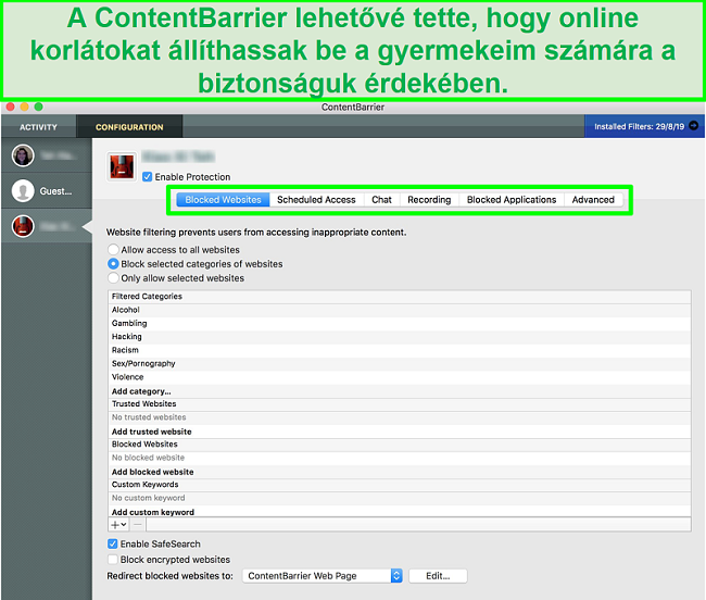 képernyőkép a ContentBarrier felületről, amely különböző szülői felügyeleti beállításokat mutat be