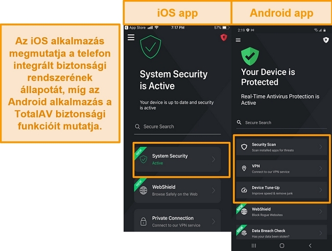 Képernyőkép, amely megmutatja az iOS és az Android TotalAV alkalmazások közötti különbséget