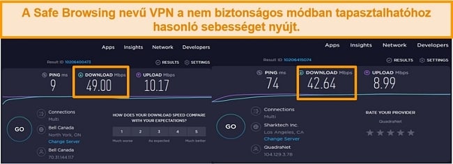 képernyőkép a nem biztonságos és az amerikai szerver VPN-kapcsolat sebességének összehasonlításával