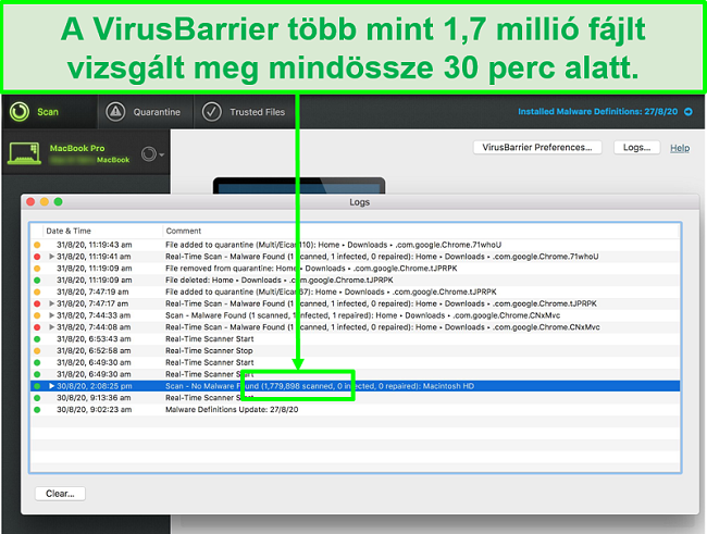 Pillanatkép az Intego víruskeresési naplóiról, amely 1,7 millió fájlt vizsgált be 30 perc alatt