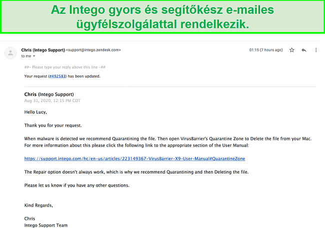 Pillanatkép egy gyors és hasznos e-mail beszélgetésről az Intego ügyfélszolgálatával.