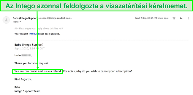 Pillanatkép az Intego ügyfélszolgálatával folytatott e-mailes beszélgetésről, amely kérdésfeltevés nélkül azonnal feldolgozza a visszatérítési kérelmemet.
