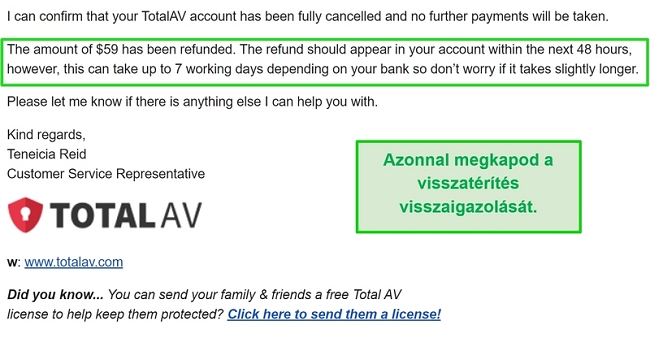 Pillanatkép a TotalAV visszatérítési visszaigazoló e-mailjéről