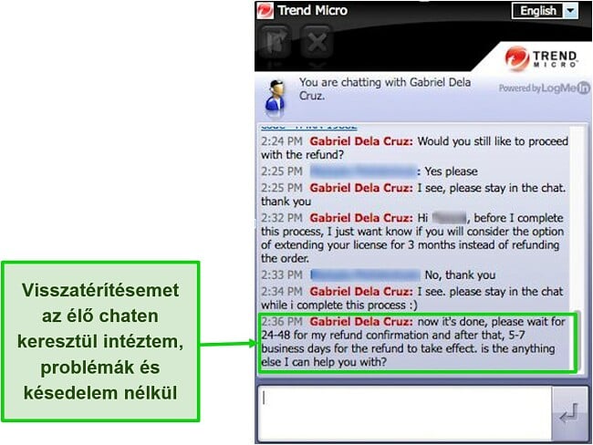 Pillanatkép a Trend Micro élő csevegésen keresztüli visszatérítési kérelemről