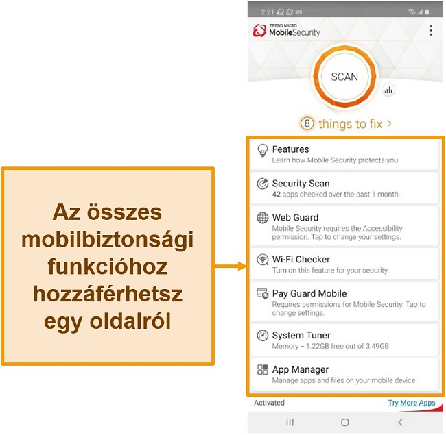 Pillanatkép a Trend Micro mobil biztonsági felületről