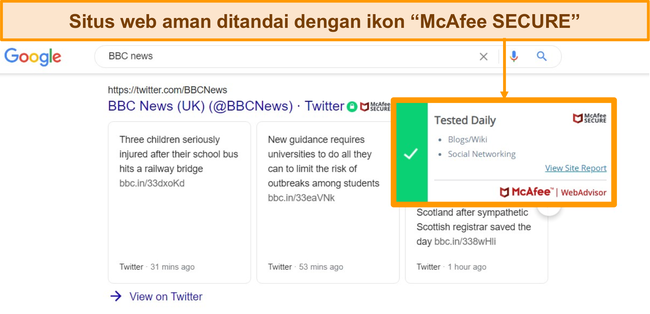 Tangkapan layar dari penelusuran web Google dengan McAfee WebAdvisor yang menunjukkan bahwa sebuah situs asli dan aman