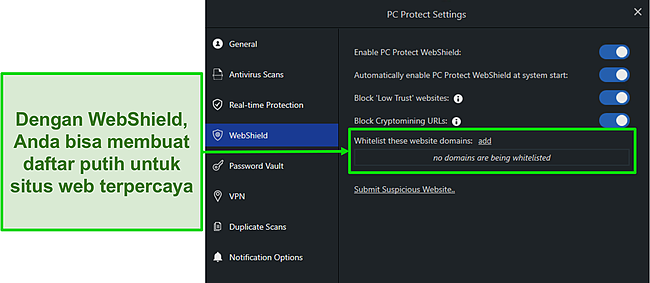 Cuplikan layar pengaturan WebShield PC Protect untuk membantu melindungi Anda saat online.