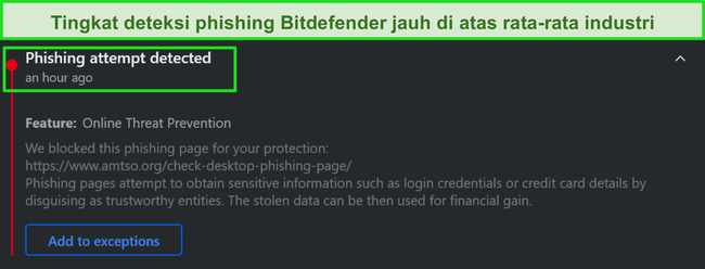 Peringatan phishing desktop Bitdefender.