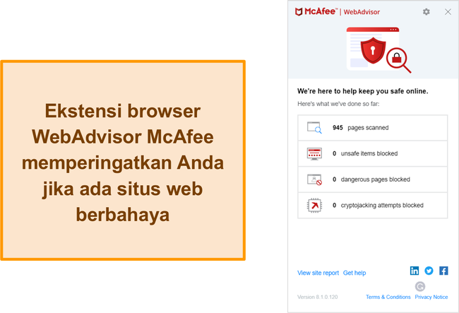 Tangkapan layar fitur WebAdvisor di situs McAfee