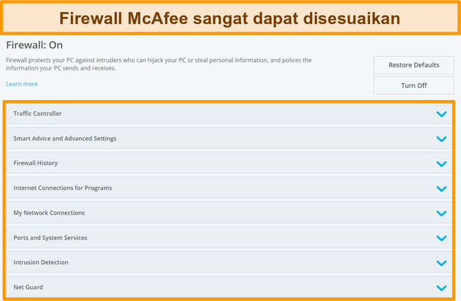 Tangkapan layar fitur McAfee Firewall