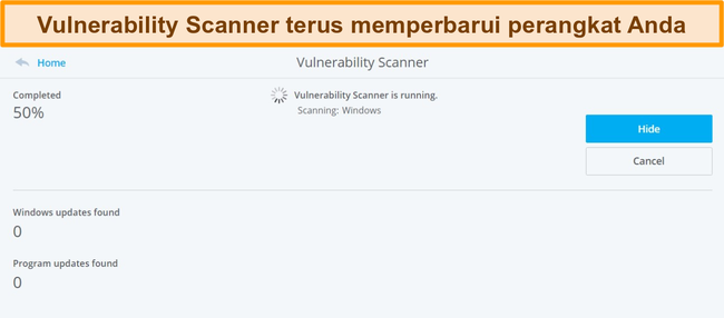 Tangkapan layar dari McAfee Vulnerability Scanner yang melakukan pemindaian sistem