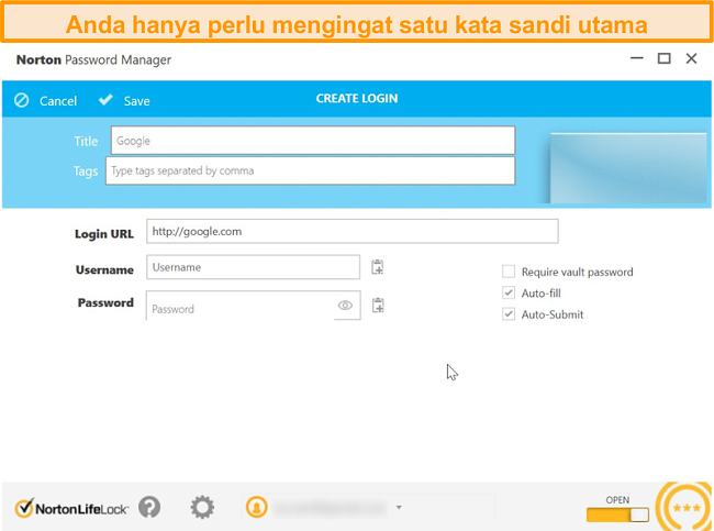 Tangkapan layar dari lemari besi pengelola kata sandi Norton 360