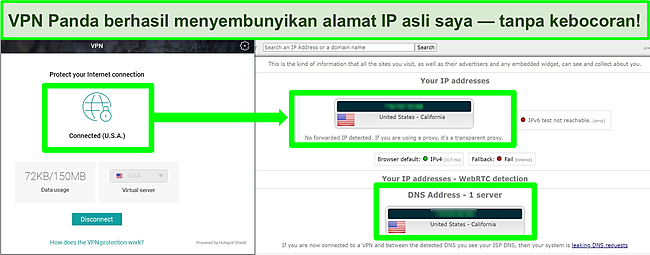 Tangkapan layar VPN Panda yang terhubung ke server AS dan hasil uji kebocoran IPLeak.net.