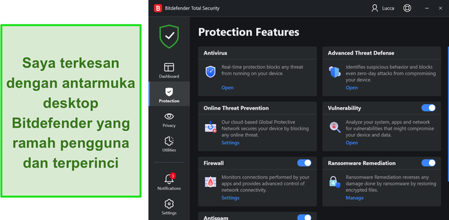 Tangkapan layar dari antarmuka aplikasi Windows Bitdefender