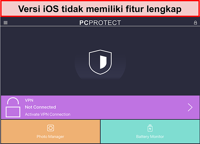 Tangkapan layar aplikasi iOS PC Protect yang tidak memiliki fitur nyata.