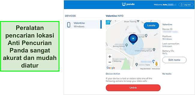Cuplikan layar alat pelacak Anti-Pencurian Panda yang mendeteksi lokasi tepat perangkat yang dilindungi.