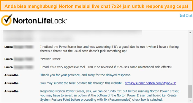 Tangkapan layar percakapan dengan agen dukungan pelanggan Norton melalui obrolan langsung.