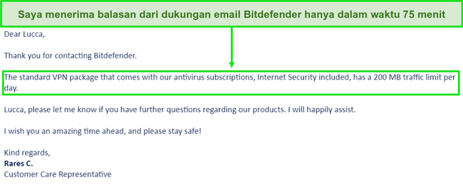 Tangkapan layar email dukungan dari Bitdefender.