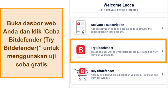 Tangkapan layar tentang cara memulai uji coba Bitdefender dari dalam dasbor web Pusat Bitdefender.