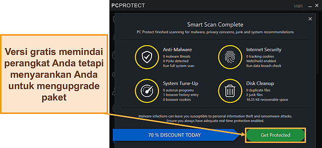 Tangkapan layar versi gratis PC Protect menjalankan pemindaian sebelum memberi tahu Anda untuk meningkatkan.