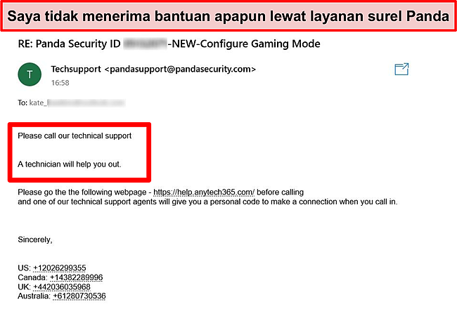 Tangkapan layar email yang diterima dari dukungan teknis Panda.