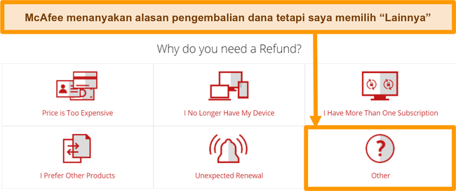 Tangkapan layar dukungan pelanggan McAfee yang menanyakan alasan permintaan pengembalian dana.