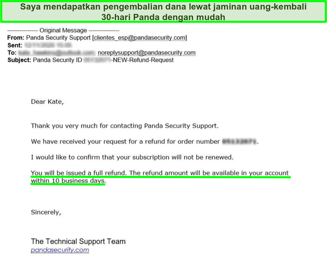 Email yang menunjukkan pengembalian dana penuh yang disetujui oleh antivirus Panda dengan jaminan uang kembali 30 hari.