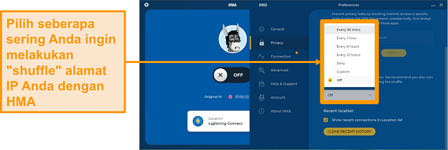 Cuplikan layar aplikasi HMA VPN yang menampilkan fitur IP Shuffle
