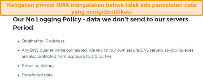 Screenshot dari HMA VPN (Hidemyass) dan tanpa Logging kebijakan privasi