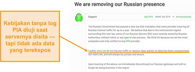 Screenshot dari situs web Private Internet Access VPN dengan posting blog yang menjelaskan alasan di balik penarikan PIA dari Rusia