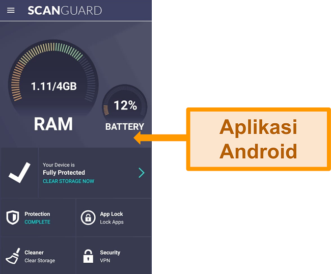 Tangkapan layar antarmuka aplikasi Android Scanguard.