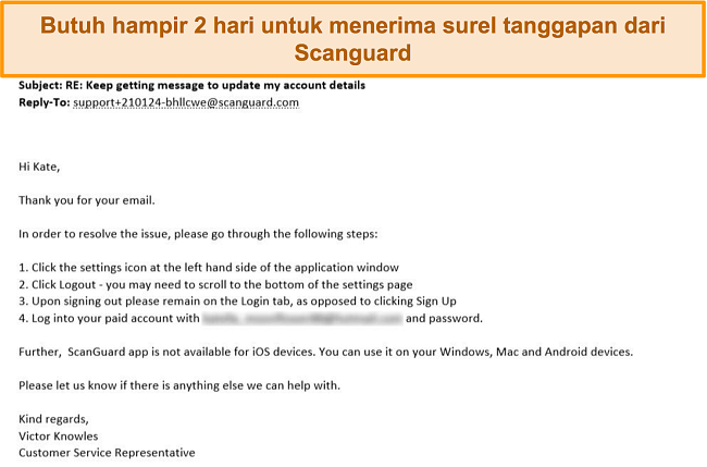 Tangkapan layar tanggapan email dukungan pelanggan dari Scanguard.