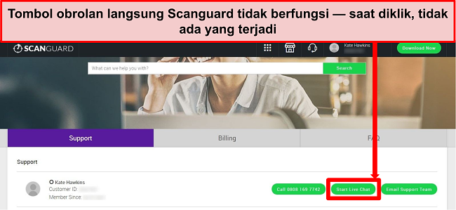 Tangkapan layar situs web dukungan Scanguard dengan tombol Obrolan Langsung disorot.