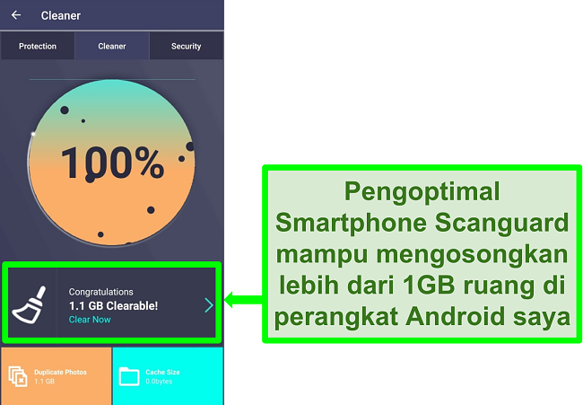 Cuplikan layar fitur Pembersih Scanguard di Android membersihkan lebih dari 1GB foto duplikat.